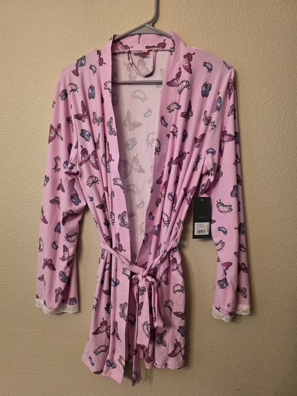 Women's Pink Butterfly Print Tie-Waist Robe with Lace Trim